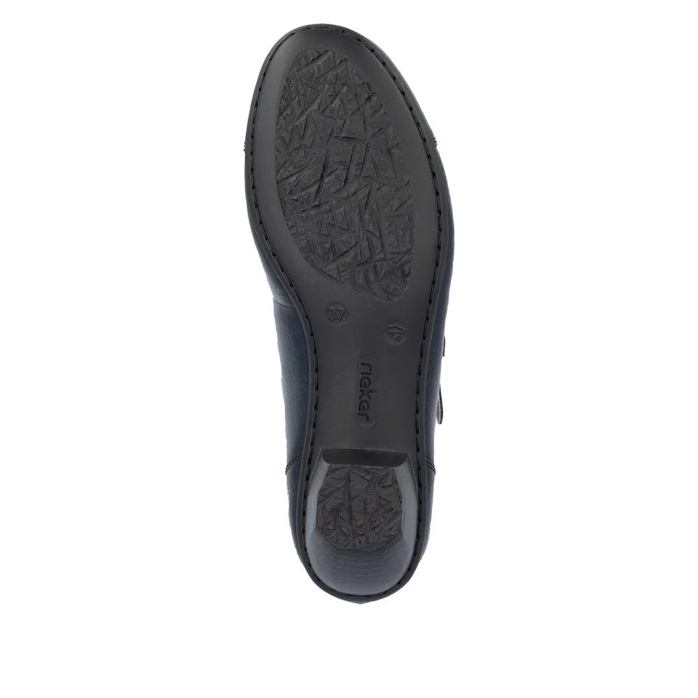 Rieker 41758-14 ladies blue patent leather buckle heels, sleek stylish women's dress shoes with textured sole and adjustable buckle strap.