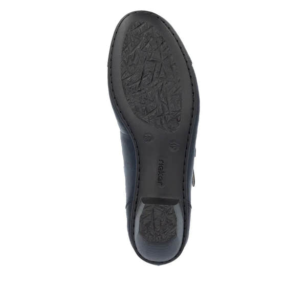 Rieker 41758-14 ladies blue patent leather buckle heels, sleek stylish women's dress shoes with textured sole and adjustable buckle strap.