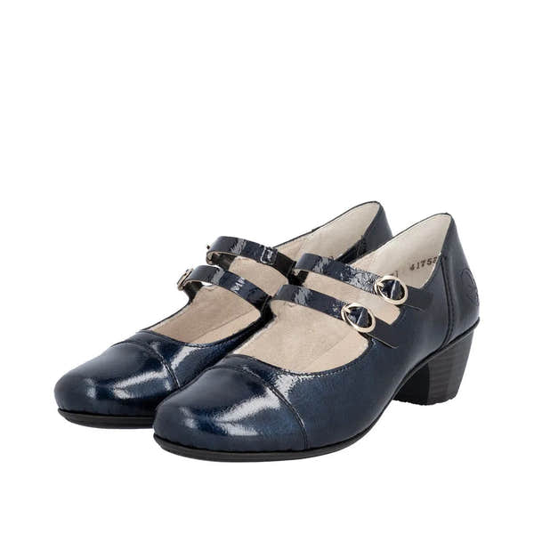 Women's navy patent leather buckle heels with low block heel and double straps.