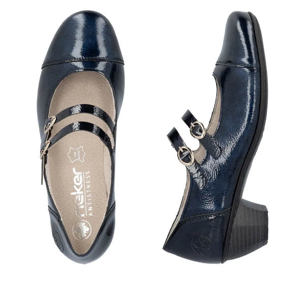 Rieker 41758-14 women's blue patent leather buckle heels with block heel and double strap design.