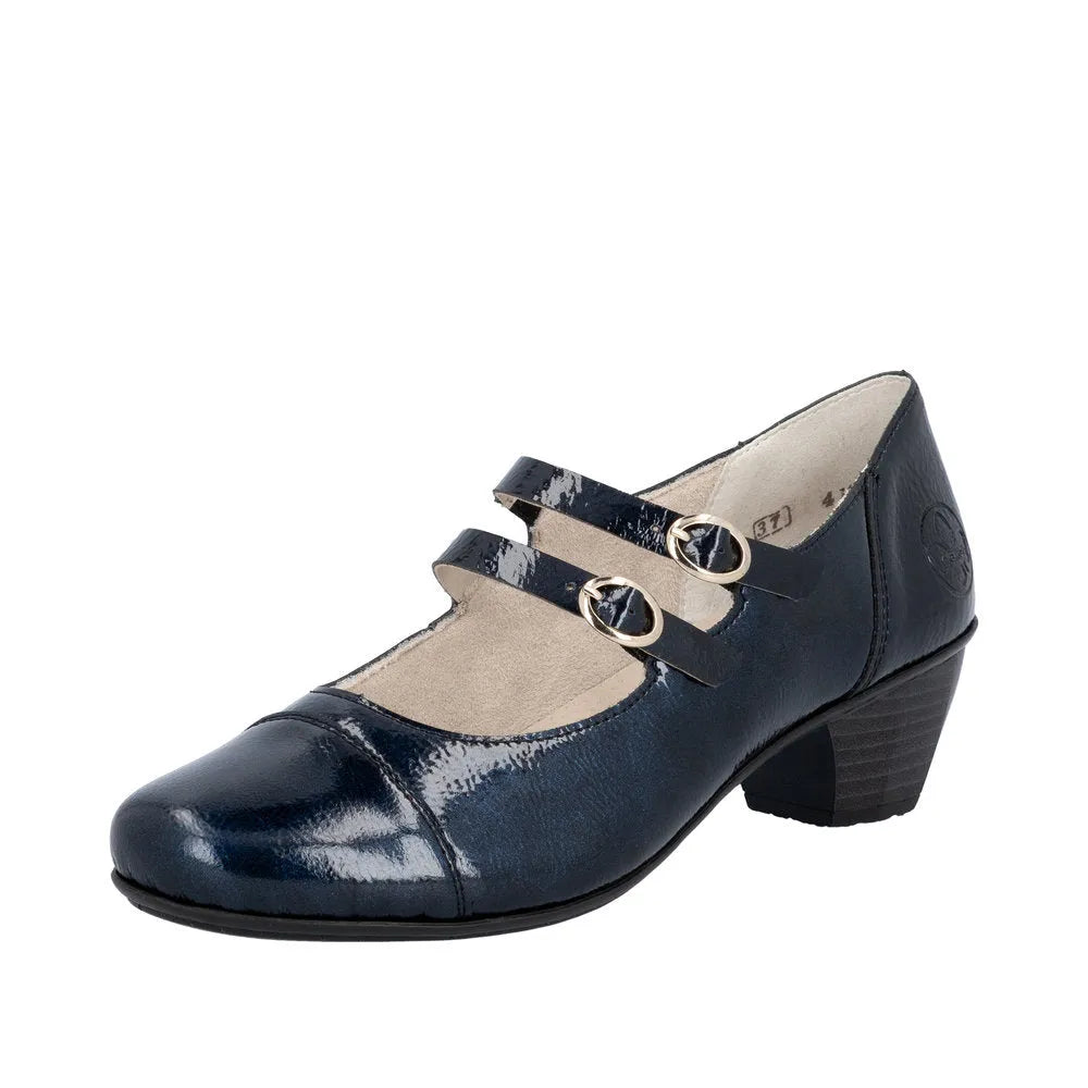 Rieker 41758-14 women's navy patent leather Mary Jane heels with double buckle straps and low block heel.