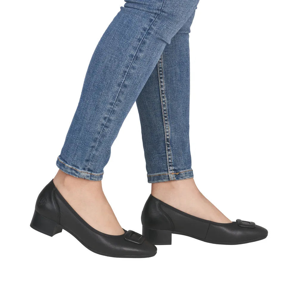 Black leather elasticated wide-fit women's shoes with a low block heel and decorative buckle detail.