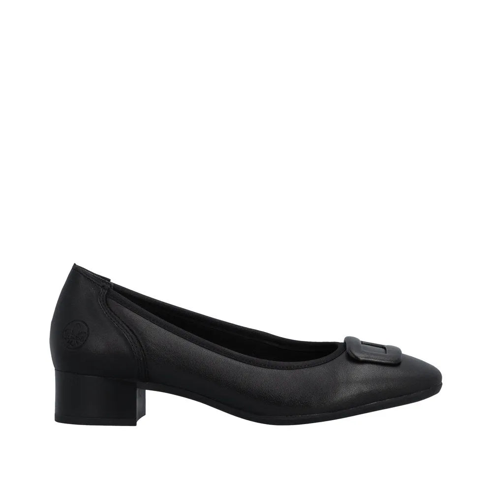 Black leather wide-fit ladies' elasticated T-bar shoes with a low block heel and decorative bow detail.
