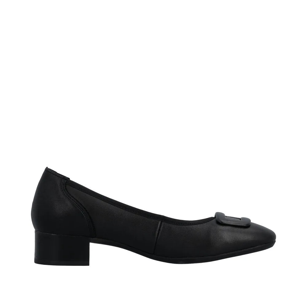 Rieker 43453-00 women's wide black leather elasticated low-heel shoes with bow detail.