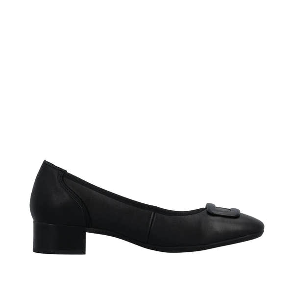 Rieker 43453-00 women's wide black leather elasticated low-heel shoes with bow detail.