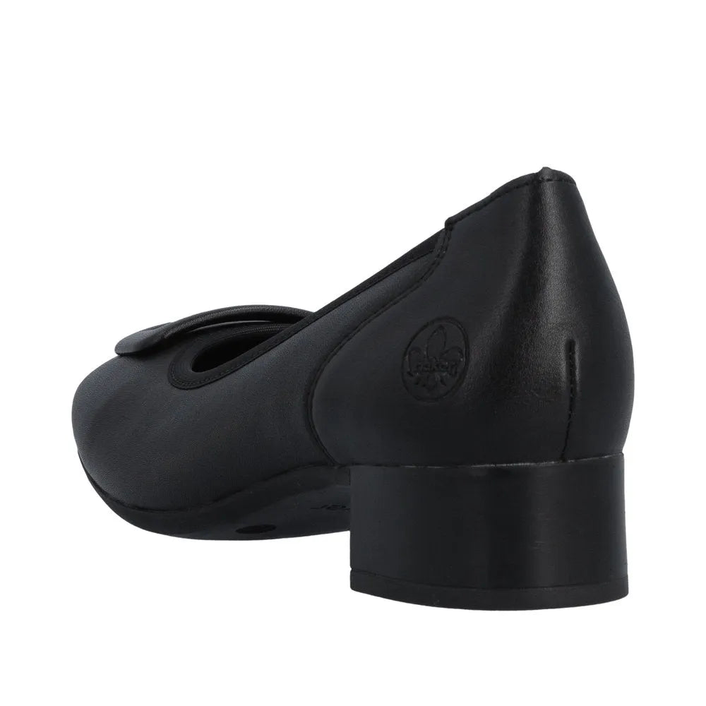 Black leather women's wide-fit elasticated heeled shoes with a rounded toe and side logo detail.