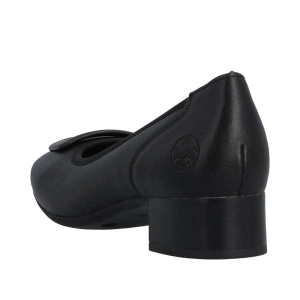 Black leather women's wide-fit elasticated heeled shoes with a rounded toe and side logo detail.