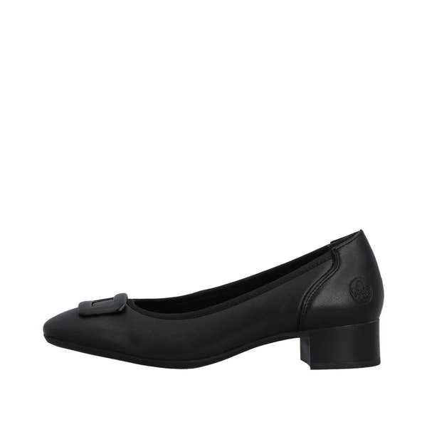 Black leather, wide-fit women's low-heeled shoes with elasticated sides and decorative buckle detail.