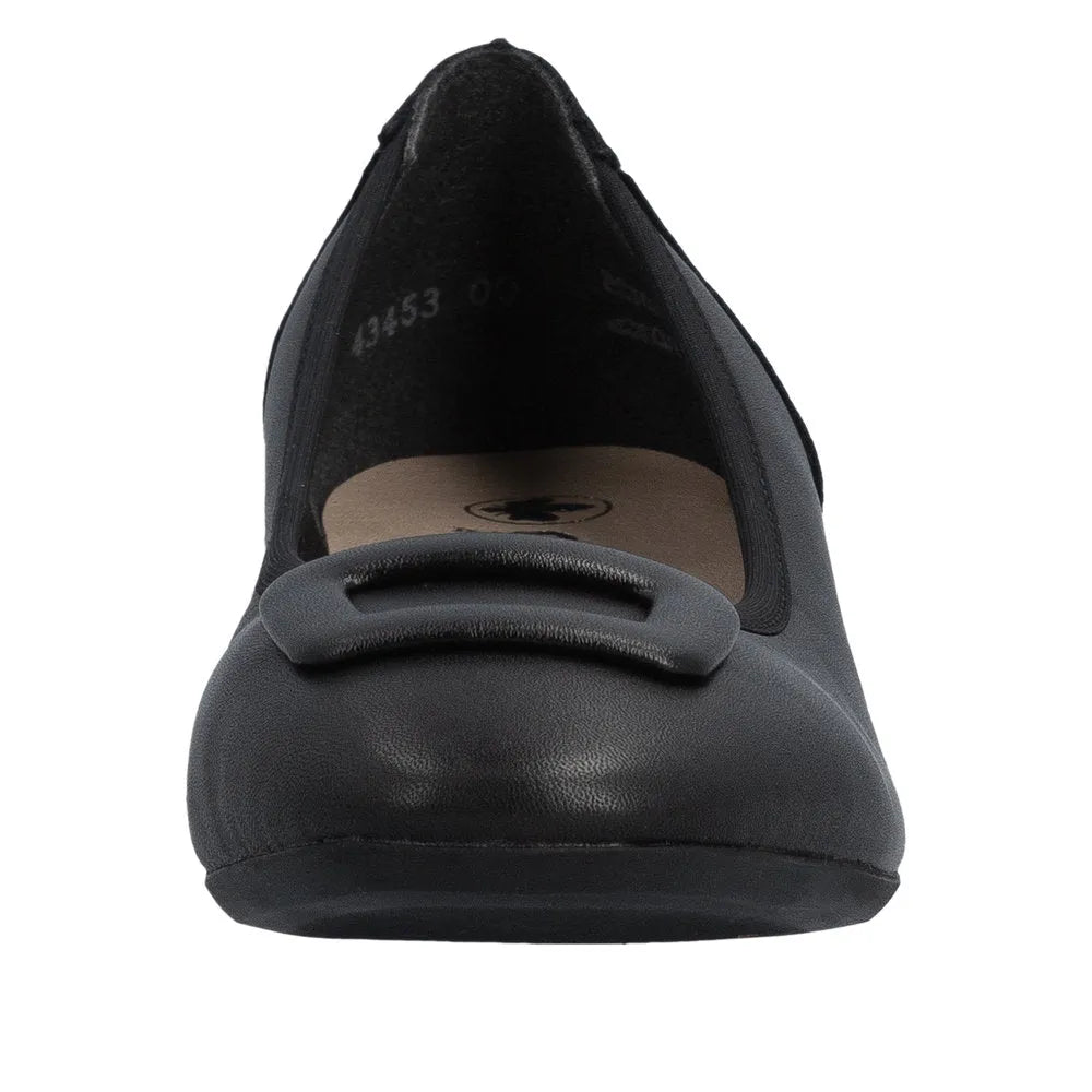 Black leather women's wide-fit elasticated ballet flats with a rounded toe and padded sole, front view.