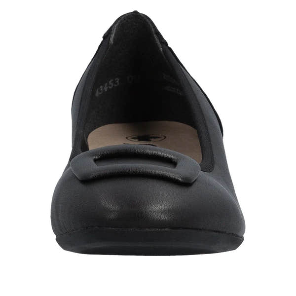 Black leather women's wide-fit elasticated ballet flats with a rounded toe and padded sole, front view.