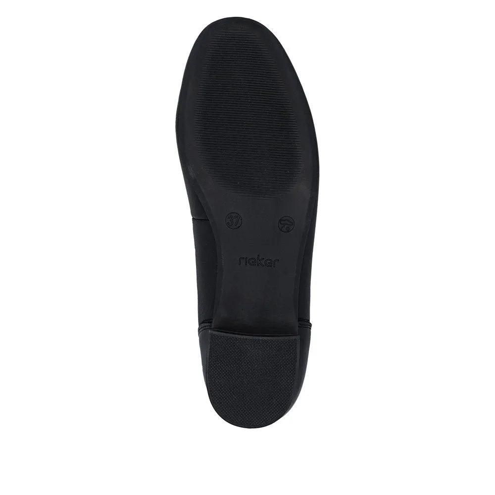 Black leather elasticated wide-fit ladies shoes with cushioned heel and slip-resistant sole.