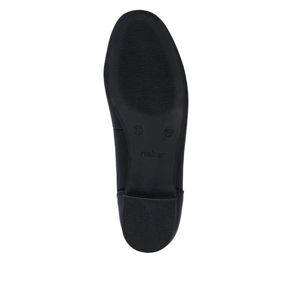 Black leather elasticated wide-fit ladies shoes with cushioned heel and slip-resistant sole.