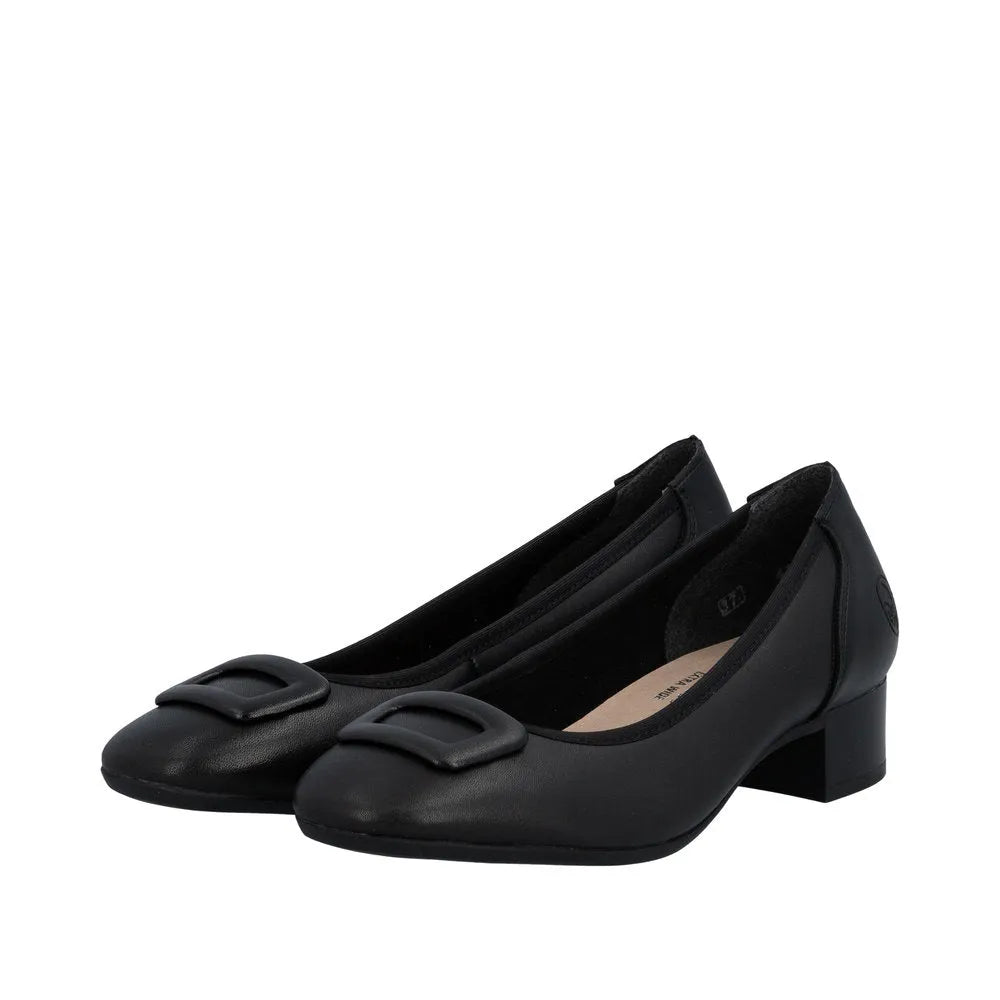 Black leather women's wide-fit elasticated block heel shoes with decorative buckle detail.
