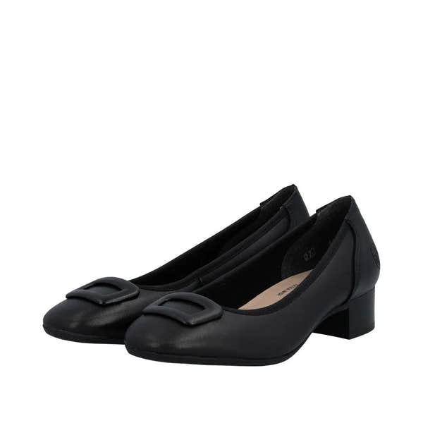 Black leather women's wide-fit elasticated block heel shoes with decorative buckle detail.