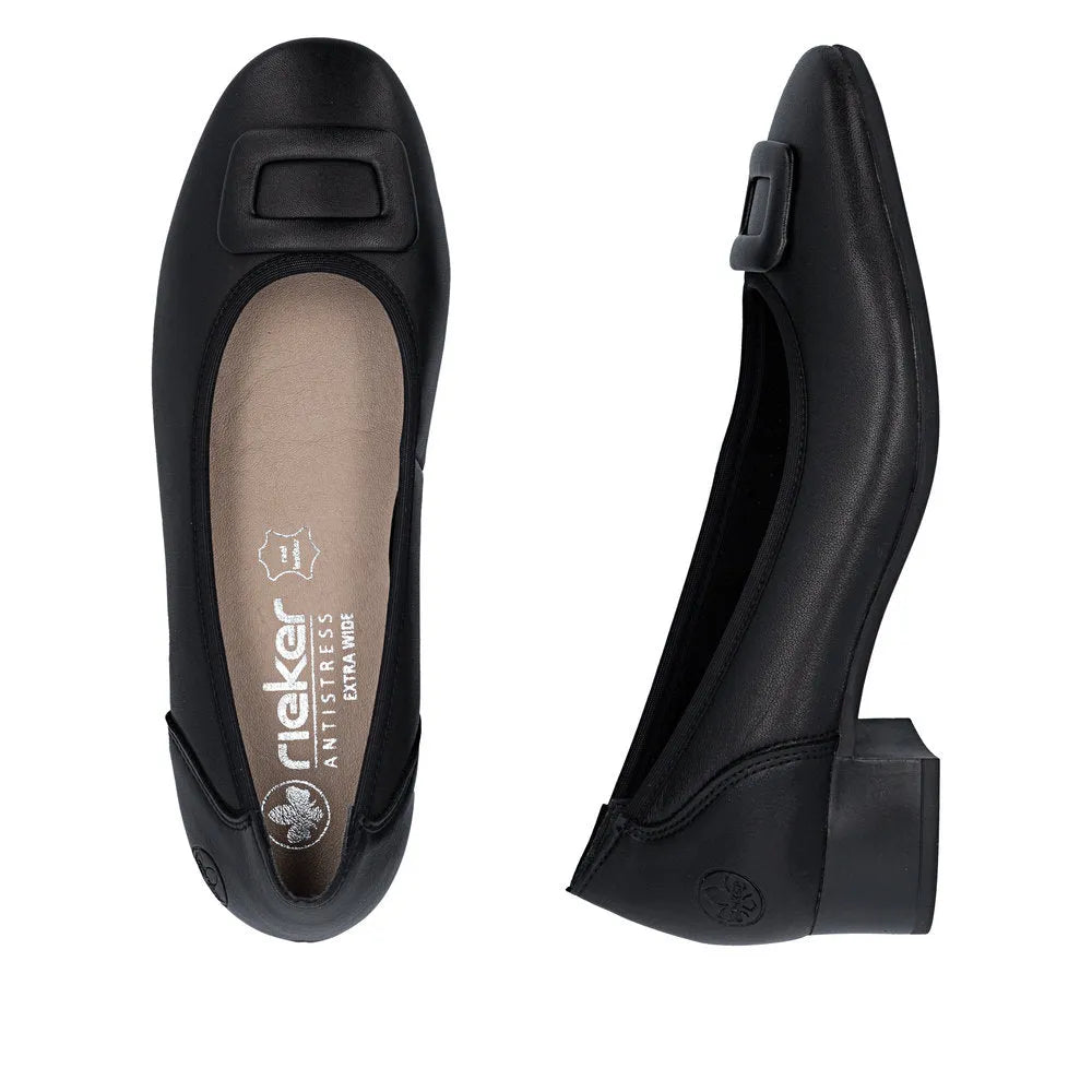 Black leather ladies' wide-fit elasticated shoes with a low block heel and rounded toe.