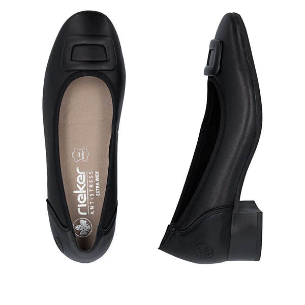 Black leather ladies' wide-fit elasticated shoes with a low block heel and rounded toe.