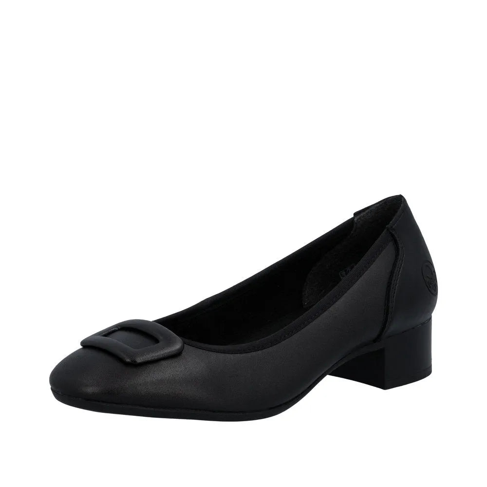 Black leather women's wide-fit elasticated low heel shoe with buckle detail and rounded toe.