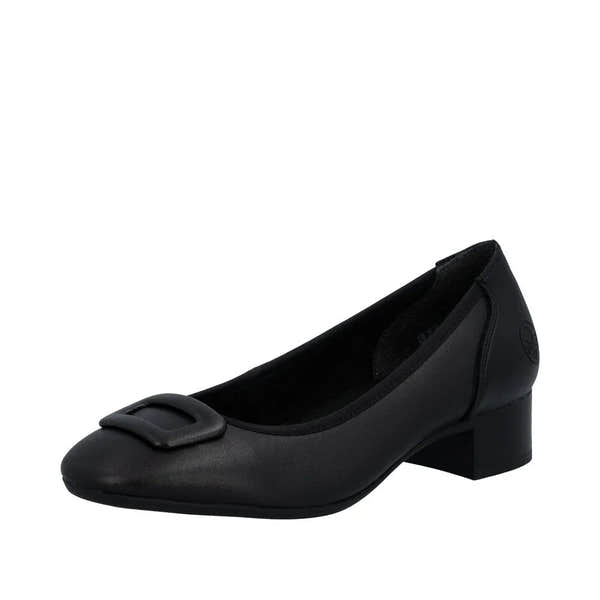 Black leather women's wide-fit elasticated low heel shoe with buckle detail and rounded toe.