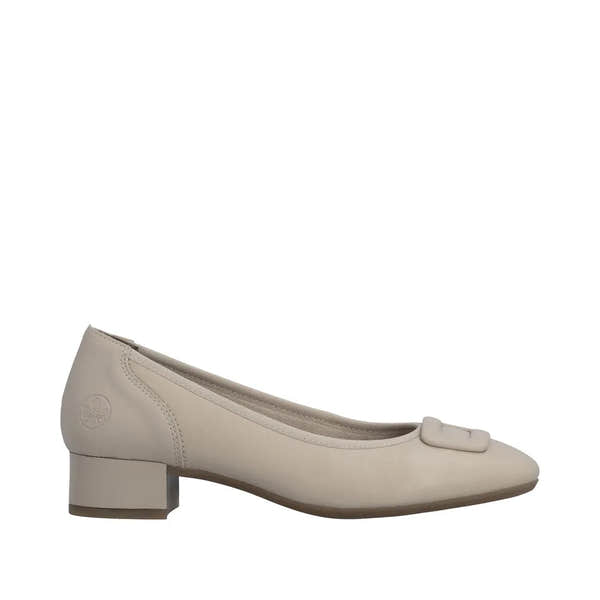 Beige leather women's wide-fit elasticated toe cap low block heel shoe with bow detail.