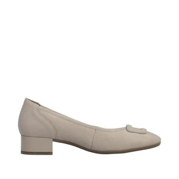 Beige leather ladies' wide-fit elasticated toe block heel shoes with bow detail on a flat background.