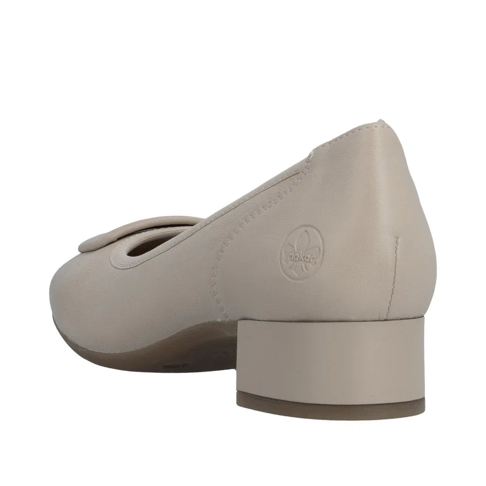 Beige leather women's wide-fit elasticated ballet flats with low block heel and embossed Rieker logo.