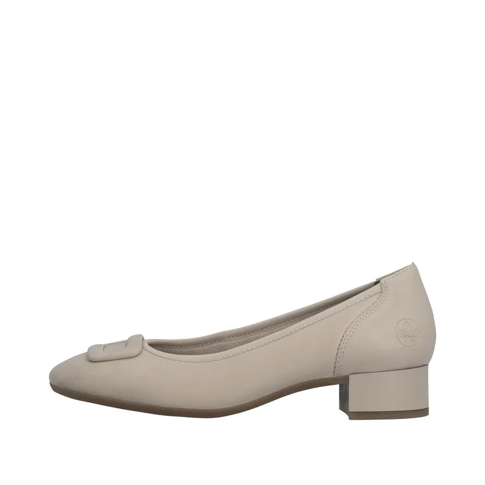 Beige leather wide-fit ladies' elasticated ballet pump with small block heel and decorative bow detail.