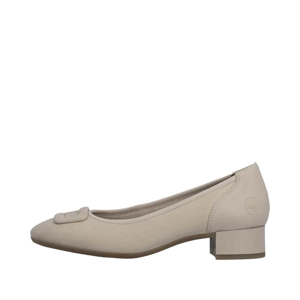 Beige leather wide-fit ladies' elasticated ballet pump with small block heel and decorative bow detail.