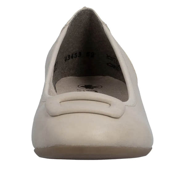 Beige leather ladies' elasticated ballet flats with a rounded toe and slip-on style.