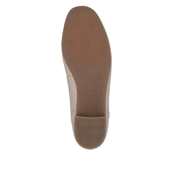 Beige leather ladies' wide elasticated slip-on shoes with a rubber sole and low heel, branded "Rieker."