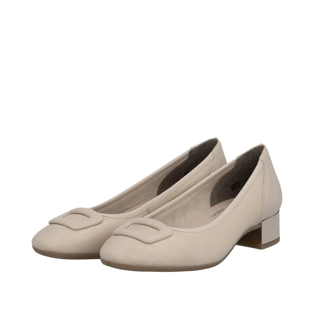 Beige leather ladies' wide fit elasticated shoes with decorative buckle detail and block heels.