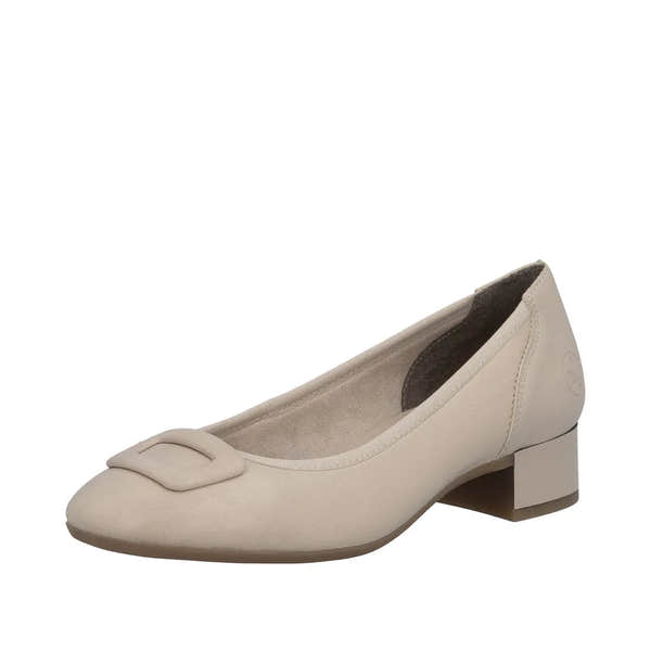 Beige leather women's low-heeled shoe with elastic sides and decorative buckle detail on the toe.
