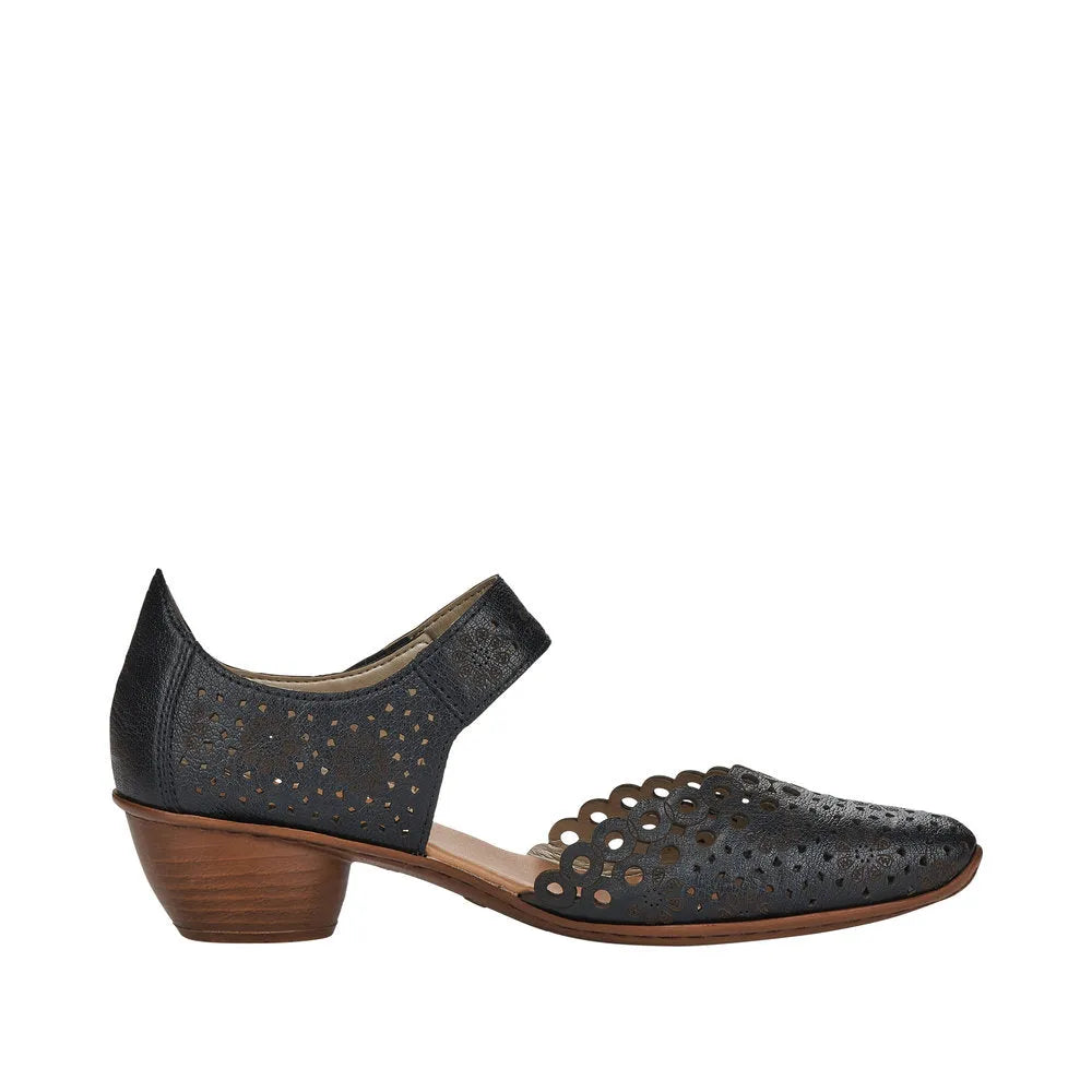 Rieker 43753-00 women's black leather touch-fastening shoes with perforated detailing and low wooden heel.