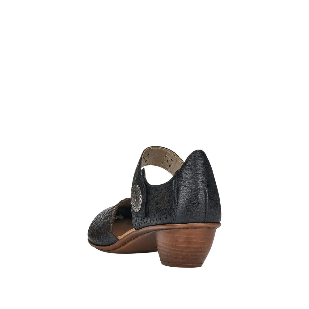 Rieker 43753-00 women's black leather slip-on shoes with touch fastenings and low wooden heel.
