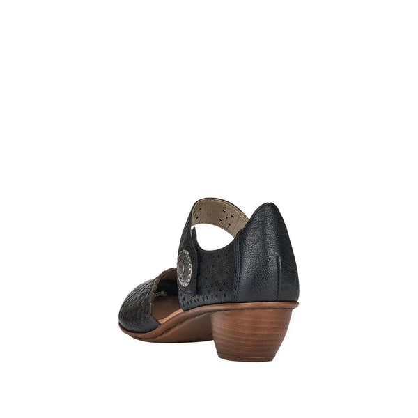 Rieker 43753-00 women's black leather slip-on shoes with touch fastenings and low wooden heel.