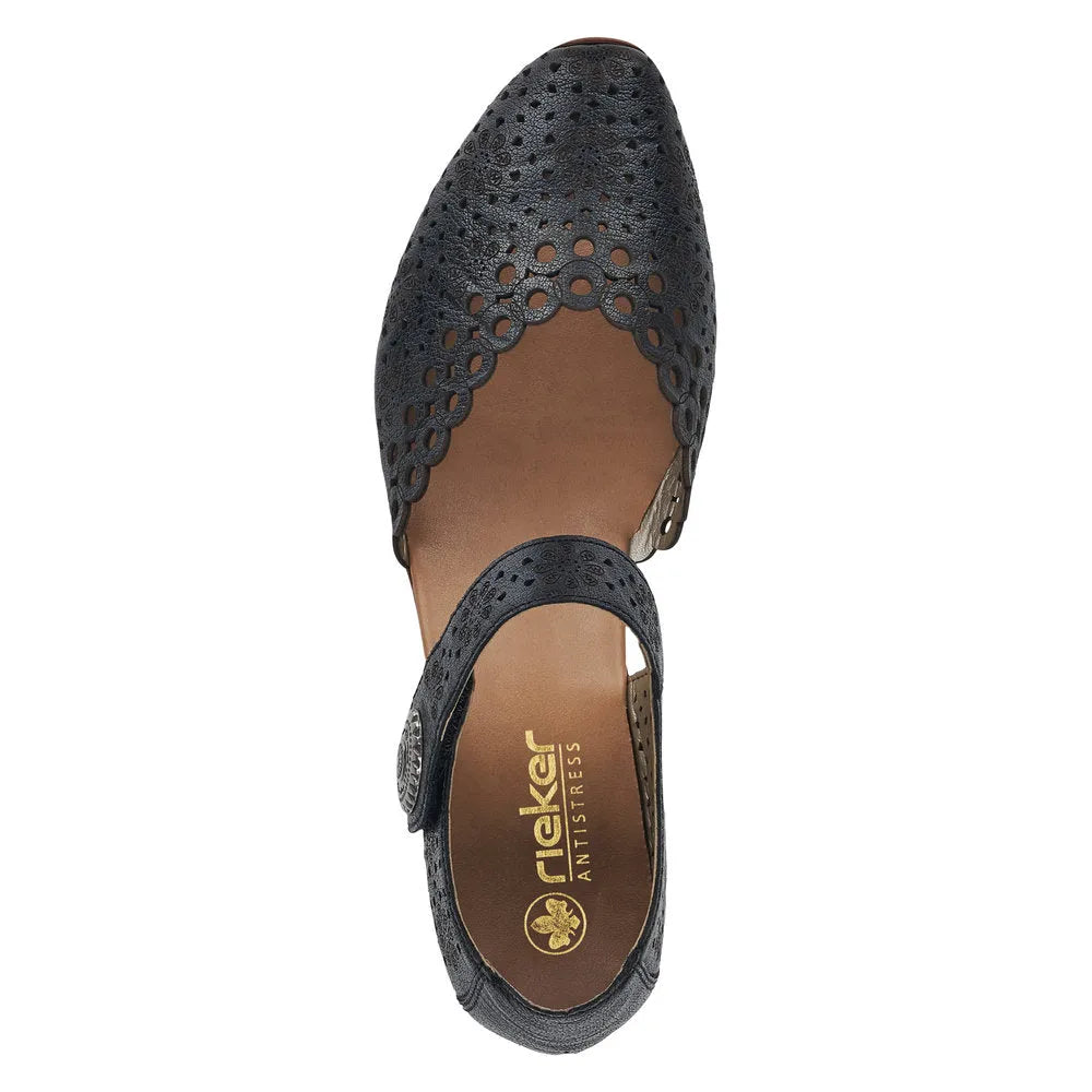 Rieker 43753-00 women's black leather touch fastening shoes with perforated design and scalloped edges.