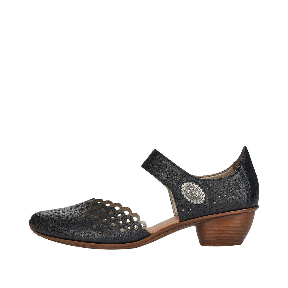 Rieker 43753-00 women's black leather touch fastening shoes with perforated design and low wooden heel.
