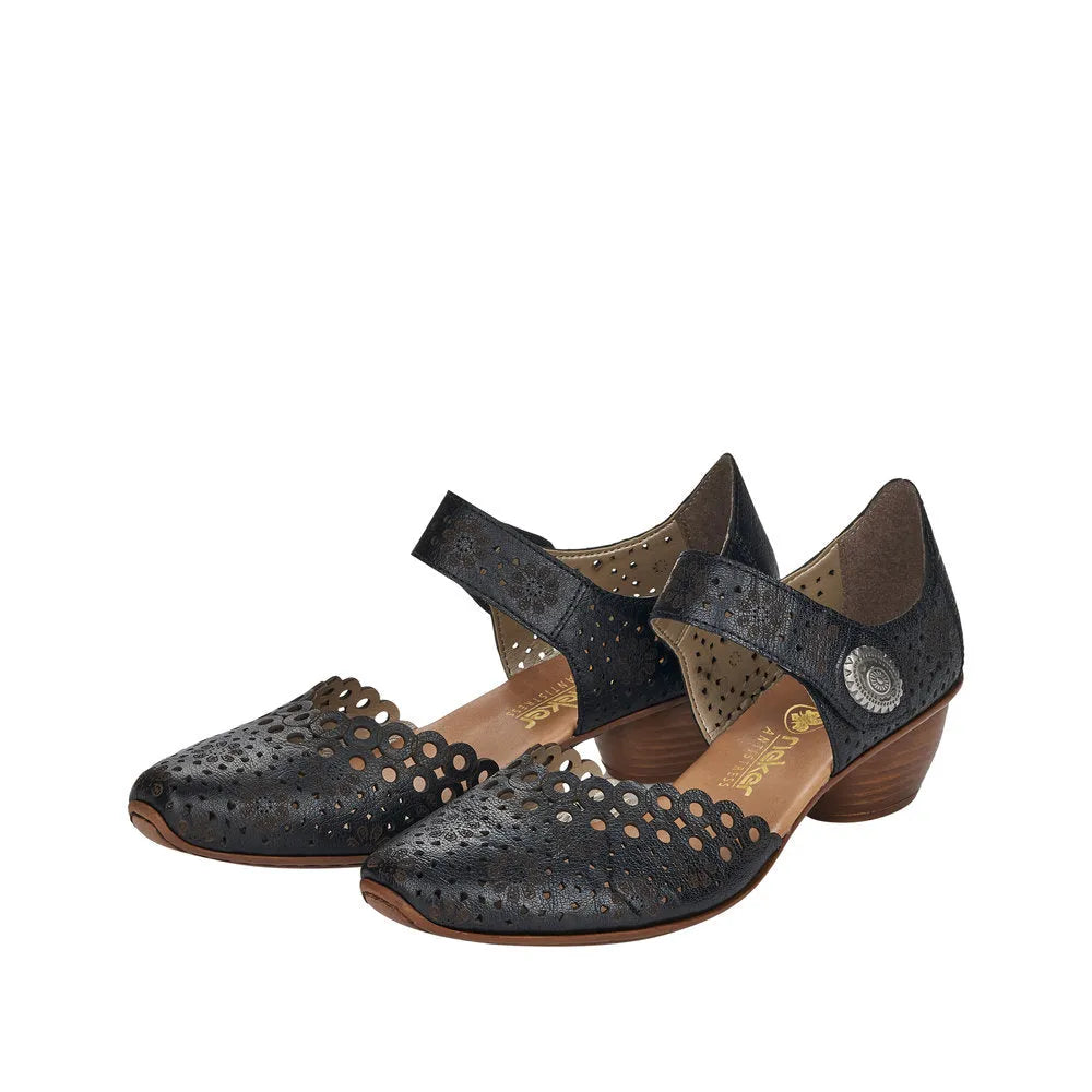 Rieker 43753-00 women's black leather touch-fastening shoes with perforated design, low heel, and adjustable strap.
