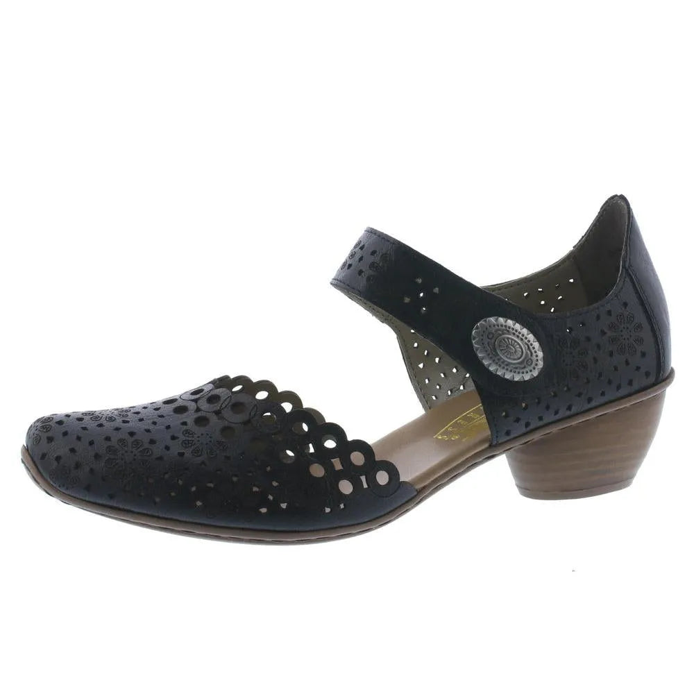 Rieker 43753-00 women's black leather touch-fastening shoes with perforated floral design and low heel.