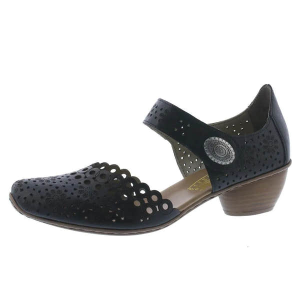 Rieker 43753-00 women's black leather touch-fastening shoes with perforated floral design and low heel.