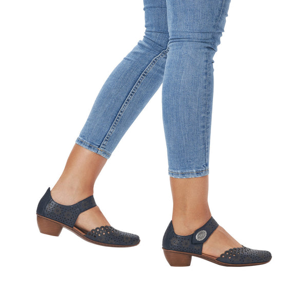 Rieker 43753-14 Ladies Navy Blue Leather Touch Fastening Heels-elevate your sole