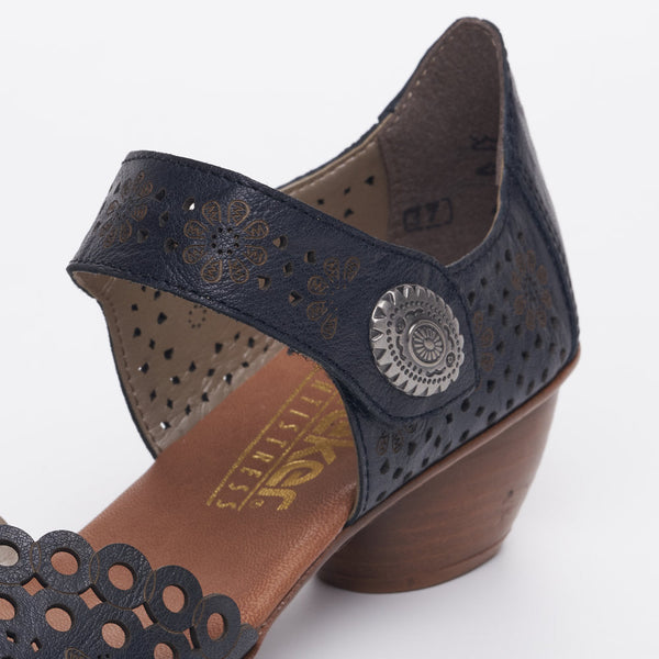 Rieker 43753-14 Ladies Navy Blue Leather Touch Fastening Heels-elevate your sole