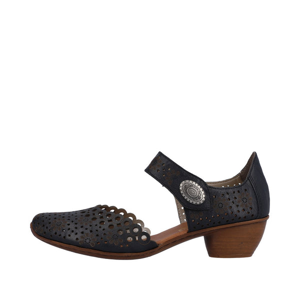 Rieker 43753-14 Ladies Navy Blue Leather Touch Fastening Heels-elevate your sole