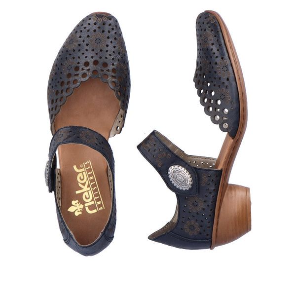 Rieker 43753-14 Ladies Navy Blue Leather Touch Fastening Heels-elevate your sole