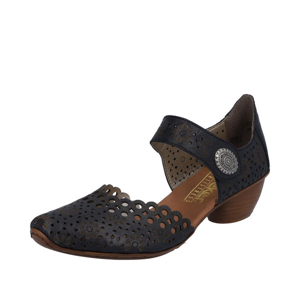 Rieker 43753-14 Ladies Navy Blue Leather Touch Fastening Heels-elevate your sole