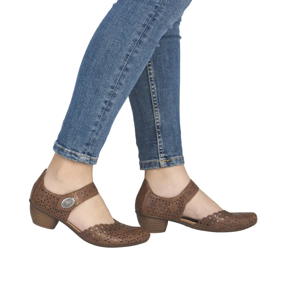 Rieker 43753-22 Ladies Brown Leather Touch Fastening Shoes with perforated design and low heel.