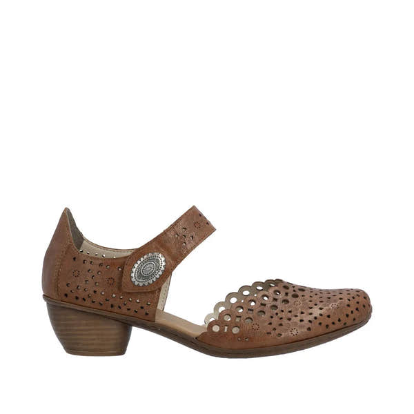 Rieker 43753-22 women's brown leather touch fastening shoes with cutout design and low block heel.