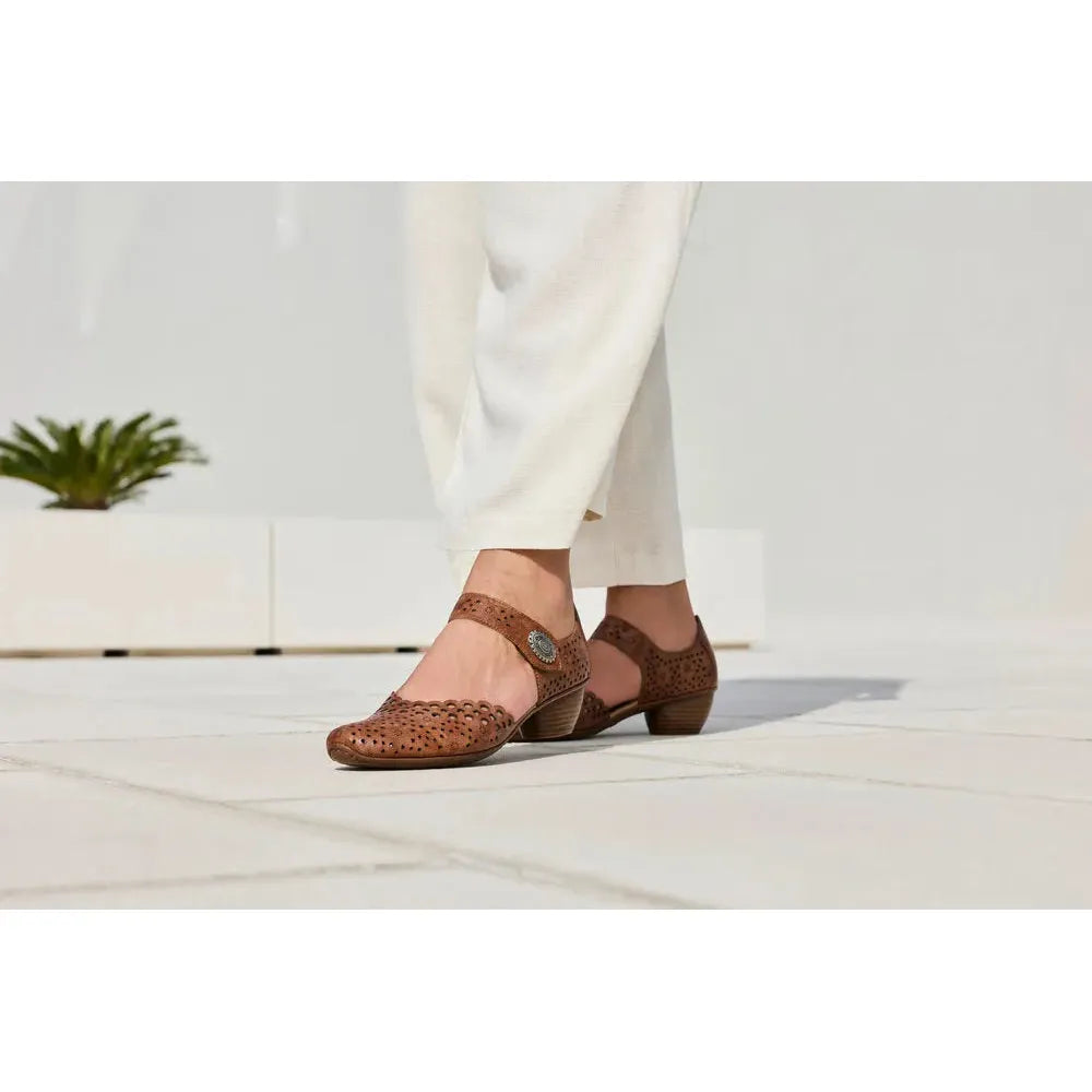 Rieker 43753-22 Ladies Brown Leather Touch Fastening Shoes with perforated design and low heel.