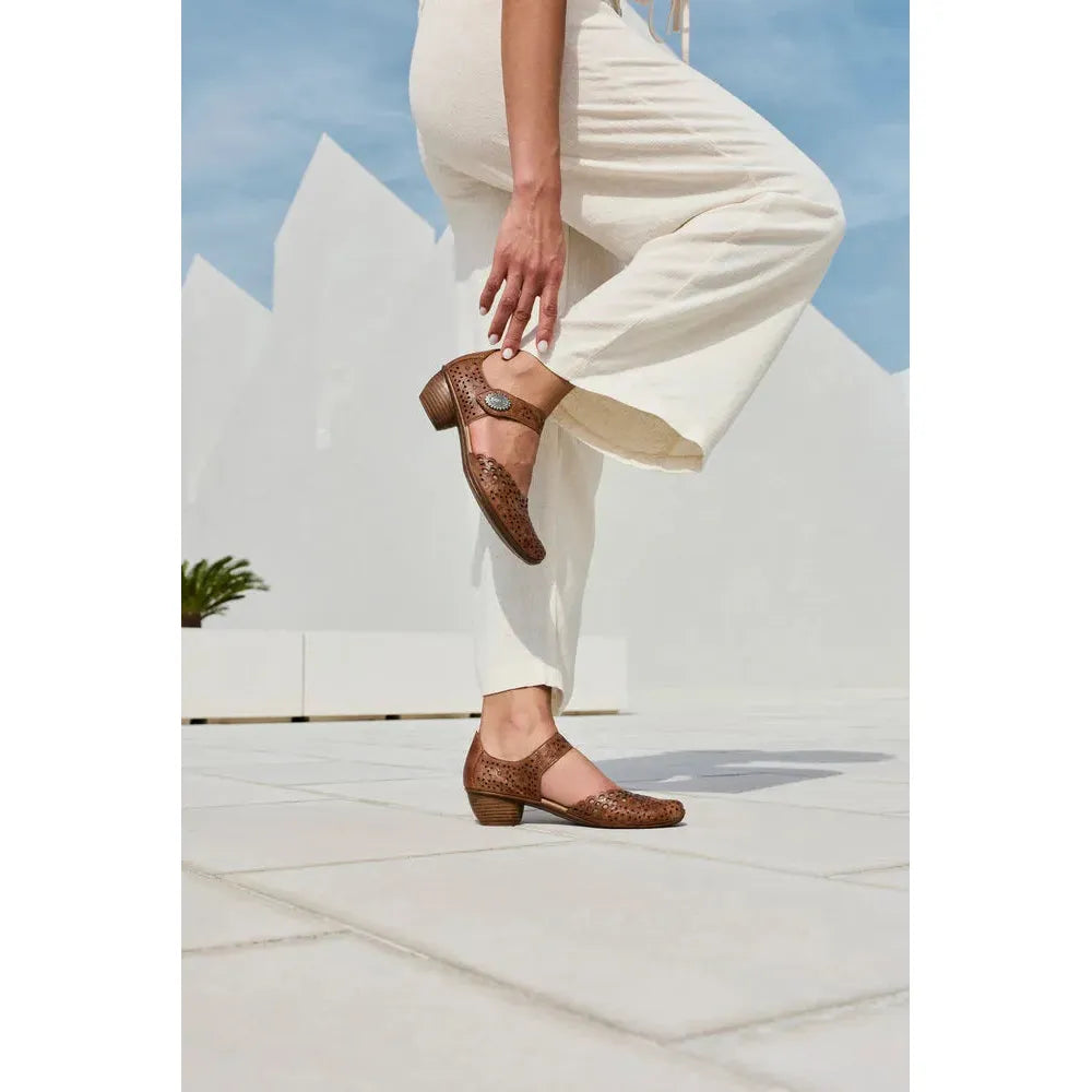 Rieker 43753-22 Ladies Brown Leather Touch Fastening Shoes with perforated design and low heel.