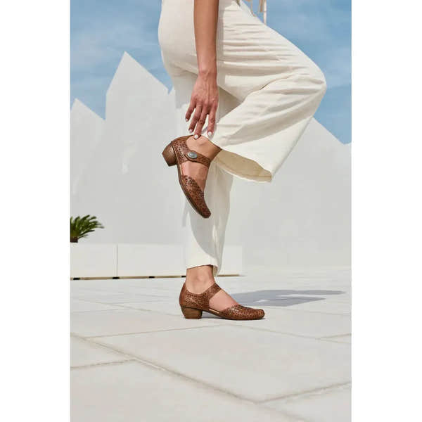 Rieker 43753-22 Ladies Brown Leather Touch Fastening Shoes with perforated design and low heel.