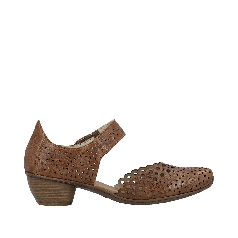 Rieker 43753-22 women's brown leather touch fastening shoes with perforated floral design and low block heel.